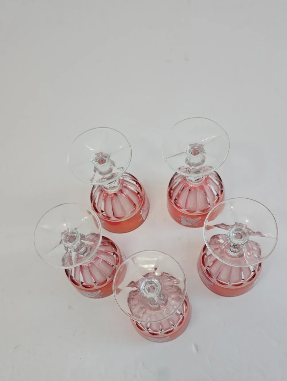 Vintage Lubiana Set Of 5 Italian Cranberry Wine Glasses Etched Grape Design